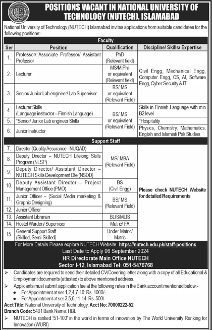 Faculty Opportunities at NUTECH Islamabad