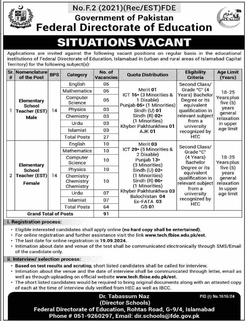 Federal Directorate of Education Teaching Jobs